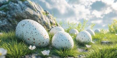 Large speckled eggs nestled in lush grass near rocky terrain under a cloudy sky photo