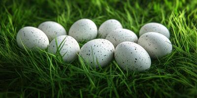 Collection of speckled eggs nestled in vibrant green grass on a sunny day in the countryside photo