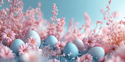 Spring garden with pastel blue eggs and pink flowers creating a vibrant seasonal display photo