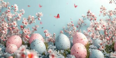 Colorful Easter eggs nestled among blooming cherry blossoms and fluttering butterflies in a serene spring setting photo