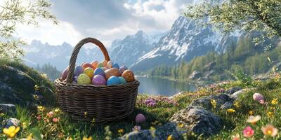 Colorful eggs in a basket near a serene lake surrounded by mountains and blossoming flowers during a sunny day photo