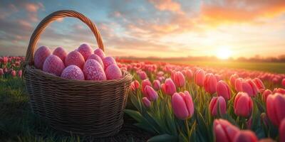 Colorful Easter eggs in a woven basket surrounded by vibrant tulips at sunset photo