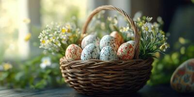Colorful Easter eggs in a wicker basket surrounded by fresh flowers and greenery photo