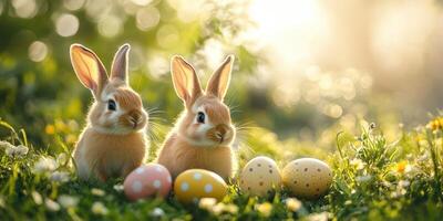 Cute rabbits sit beside colorful Easter eggs during a sunny spring afternoon in a vibrant garden setting photo