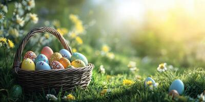 Colorful Easter eggs in a woven basket surrounded by greenery and flowers during a bright spring afternoon photo