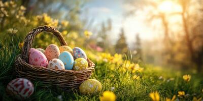 Colorful Easter eggs in a wicker basket amidst blooming flowers on a sunny day photo
