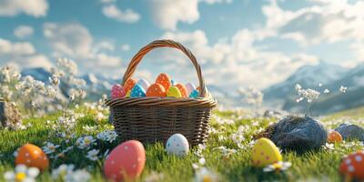 Colorful Easter eggs in a woven basket on a grassy field surrounded by flowers under a bright sky photo