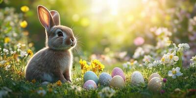 linda Conejo se sienta entre vistoso Pascua de Resurrección huevos en un vibrante lleno de flores jardín durante primavera Brillo Solar foto