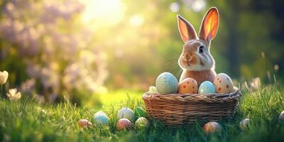 Cute bunny sits in a basket with colorful Easter eggs surrounded by blooming flowers on a sunny day photo