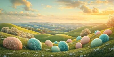 Colorful giant eggs scattered across rolling green hills during a serene sunset photo