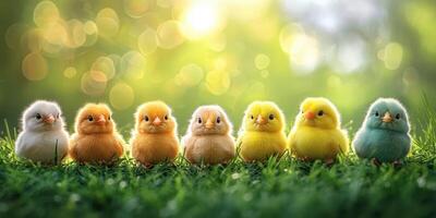 Colorful chicks line up in a sunny garden setting, showcasing bright feathers and playful expressions photo