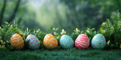 Brightly colored easter eggs arranged on lush green grass in a serene garden during springtime photo