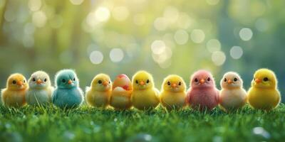 Colorful baby chicks gather on fresh green grass in a sunny garden during springtime with soft background bokeh photo