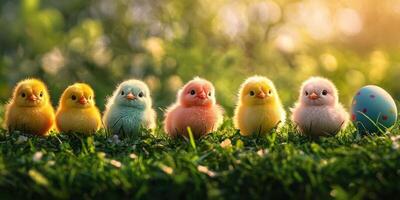 Colorful chicks lined up on grass near an Easter egg during a sunny spring afternoon photo
