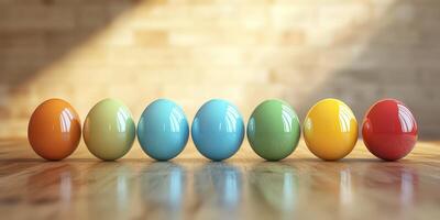Colorful eggs arranged in a straight line on a wooden table during springtime celebration photo