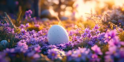 Colorful flowers surround a white egg in a serene forest during golden hour photo
