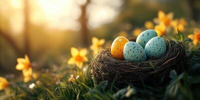 Colorful decorated eggs nestled in a natural nest among blooming flowers during springtime in a serene outdoor setting photo