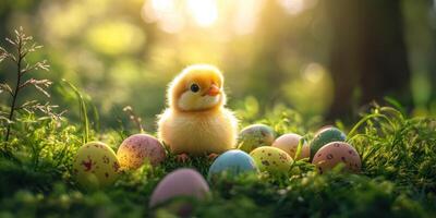 Cute chick among colorful Easter eggs in a sunlit meadow during springtime photo