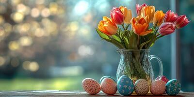 Colorful tulips in a vase with decorated eggs on a wooden table during springtime photo