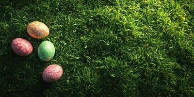 Colorful Easter eggs scattered on green grass in a sunny spring day photo