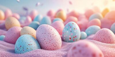 Colorful Easter eggs scattered on a light purple background during a sunny spring afternoon photo