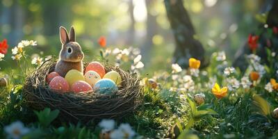 Rabbit in a nest surrounded by colorful Easter eggs and blooming flowers in a sunny forest photo
