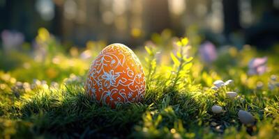 Colorful decorated egg nestled in vibrant grass during springtime morning light in a serene garden setting photo
