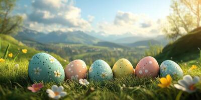 Colorful Easter eggs displayed on grass with a mountainous landscape in the background during a sunny day photo