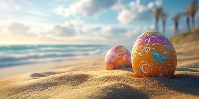 Colorful decorative eggs resting on the sandy beach shore during sunset with a tranquil ocean backdrop photo
