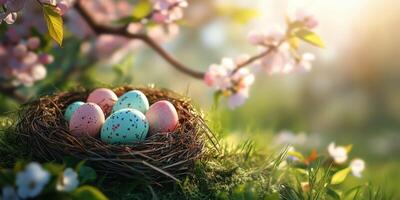 Colorful eggs resting in a nest surrounded by blossoms during a bright spring afternoon photo