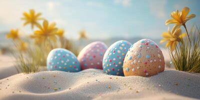 Colorful Easter eggs resting on sandy beach amidst cheerful flowers and bright sunlight in springtime photo