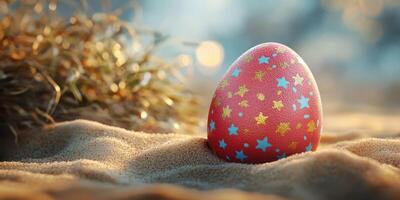 Decorated egg resting in sand among natural elements during springtime celebration photo