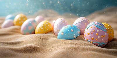 Colorfully decorated Easter eggs in a sandy setting during a festive spring celebration photo