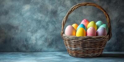 Colorful decorated eggs arranged in a wicker basket for a festive celebration during springtime photo