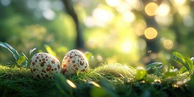 Colorful speckled eggs nestled among greenery in a sunlit forest setting during springtime photo