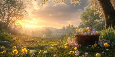Easter egg hunt at sunset in a blooming meadow with a basket full of colorful eggs photo