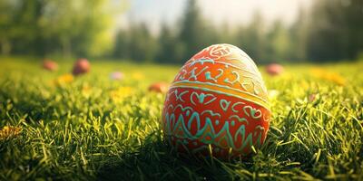 Colorful decorated Easter egg resting on green grass in a sunny park during springtime celebration photo
