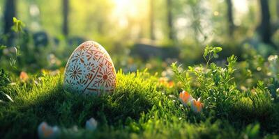 Decorative egg resting on soft moss among wildflowers in a sunlit forest during springtime photo
