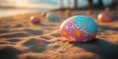 Colorful Easter eggs scattered on a sandy beach during sunset, celebrating spring festivities photo