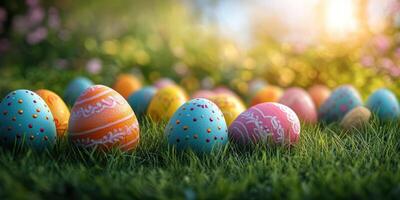 Colorful Easter eggs scattered on lush green grass during springtime sunlight photo