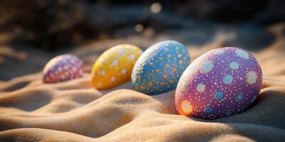 Colorful decorated eggs lay in warm sandy ground during springtime egg hunt celebration photo