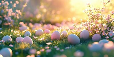 primavera jardín adornado con vistoso huevos y floreciente flores a puesta de sol foto