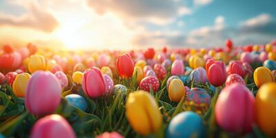 Colorful tulip field at sunrise with pastel Easter eggs in springtime landscape photo