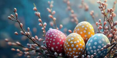 Colorful Easter eggs nestled in a nest of soft branches and buds, symbolizing spring and renewal photo