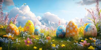 vistoso Pascua de Resurrección huevos anidado entre vibrante flores debajo un brillante azul cielo en un pacífico primavera paisaje foto