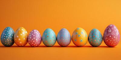 Colorful decorated easter eggs arranged in a row on a vibrant orange background for springtime celebration photo