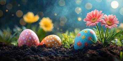 Festive Easter eggs nestled in vibrant spring flowers against a colorful background photo