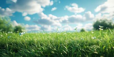 Lush green meadow under a bright blue sky with fluffy clouds, showcasing flowers in full bloom on a sunny day photo