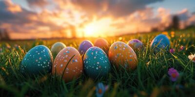 Colorful decorated eggs arranged on green grass during a vibrant sunset in a serene outdoor setting photo