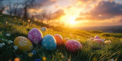 Colorful decorated eggs scattered on green grass under warm sunset sky in a tranquil outdoor setting photo